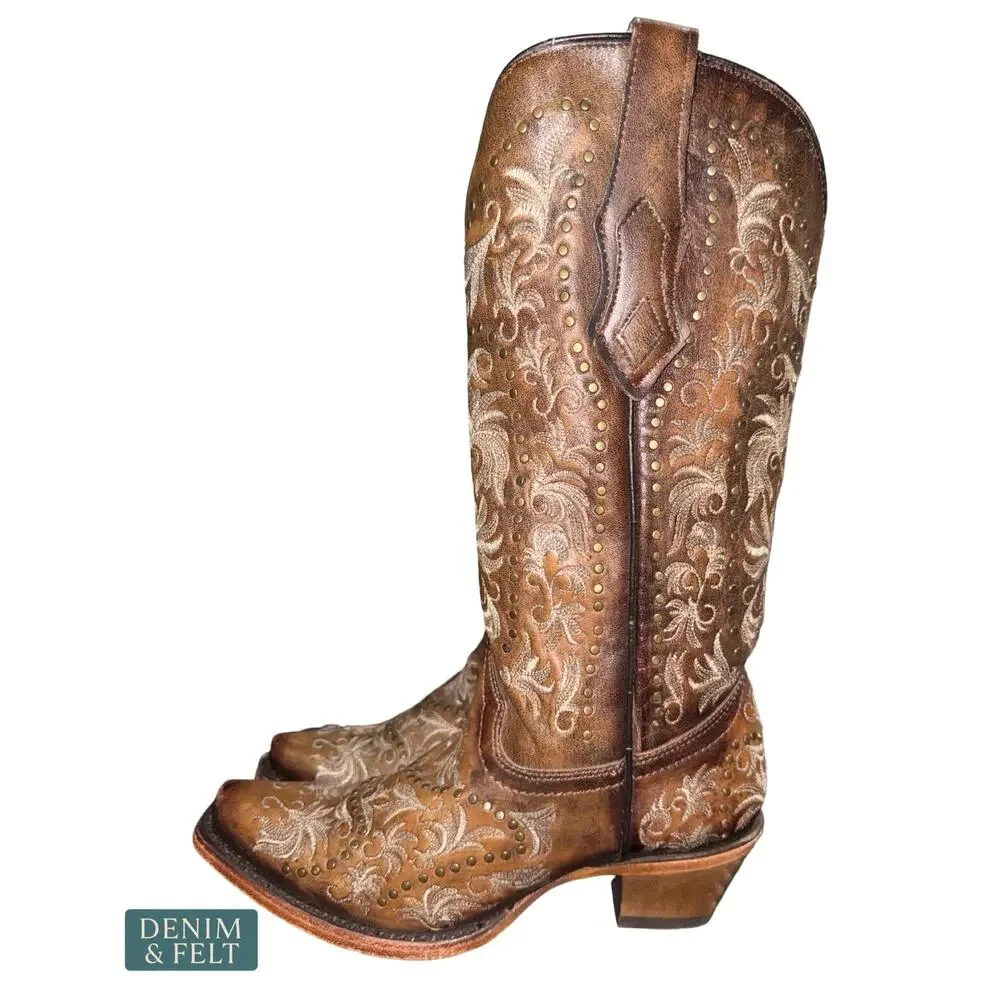 NEW Corral Maple Brown Embroidery Stud Snip‎ Toe Western Boots Size 6M Cowgirl